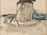 drawing of a windmill with a boat in the water and a man in a boat