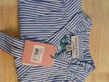 blue and white striped shirt with a pink tag on it