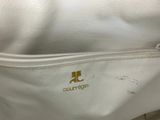an image of a white purse with a gold logo on it