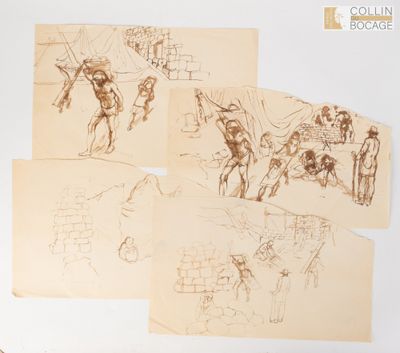 plusieurs dessins représentant un homme et une femme à cheval, ainsi qu'un homme à cheval