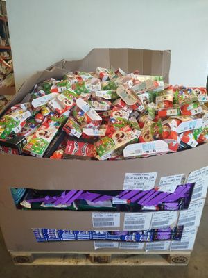 a box full of candy sitting on a pallet