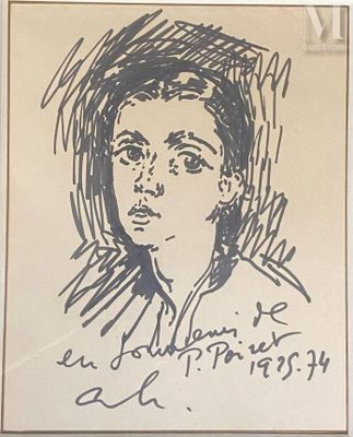 drawing of a woman ' s face in black ink on a piece of paper