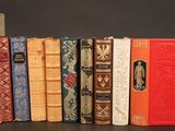 several books are lined up in a row on a table
