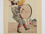 an old picture of a clown with a large drum in his hand