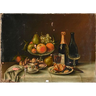 tableau représentant une nature morte avec des fruits et du vin sur une table