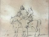 drawing of two men riding on horses in a field