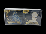 two boxes of pokemon trading cards on a black background
