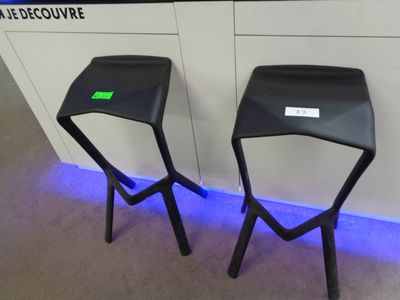 deux tabourets noirs placés l'un à côté de l'autre sur un comptoir