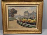 une peinture à l'huile représentant une scène de parc avec des personnes qui se promènent au loin