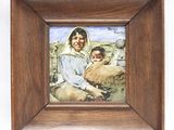 tableau représentant une femme et un enfant avec un mouton, dans un cadre en bois