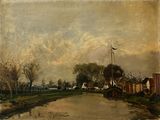 une image représentant un tableau où l'on voit une rivière avec, en arrière-plan, des maisons et des arbres