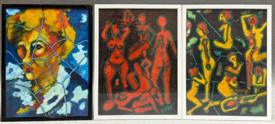 Trois huile sur papiers. Portrait et personnages.