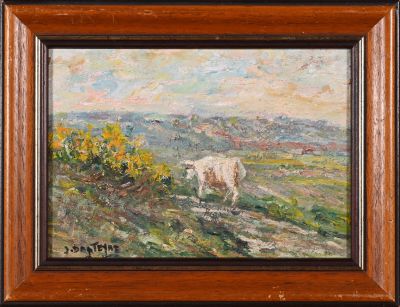 une peinture à l'huile représentant un mouton paissant dans un champ, avec des collines en arrière-plan