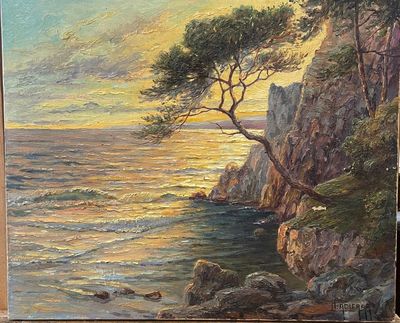 a painting of a tree on a cliff by the ocean