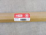 a wooden pole with a red and white label on it