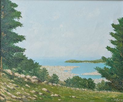une peinture à l'huile représentant une vue sur l'océan depuis une colline