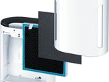 a white and blue air purifier next to a black and white air purifier