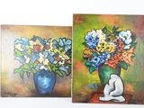 trois tableaux représentant des fleurs dans un vase posé sur une table