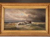 a painting of a man in a boat on a stormy day