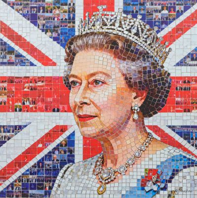 a close up of a mosaic of the queen in front of a british flag