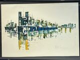 une image d'une peinture d'une ville au bord de l'eau