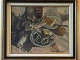 a painting of a plate of food and a glass of wine