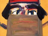 un tableau représentant un homme coiffé d'un chapeau rouge et tenant une pancarte