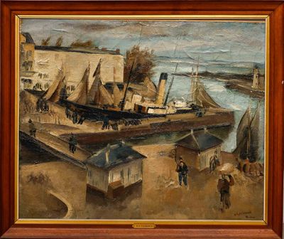 tableau représentant un tableau d'un bateau dans un port, avec des gens qui se promènent autour
