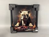 an image of a bulldog sitting at a table with a glass of wine