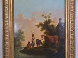 une image représentant un tableau où l'on voit une femme et deux vaches au bord d'une rivière