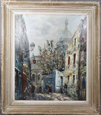 une peinture à l'huile représentant une scène de rue avec une église à l'arrière-plan