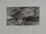 a picture of a painting of a man and a horse in a rocky area
