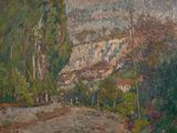 an oil painting of a dirt road with trees and a mountain in the background
