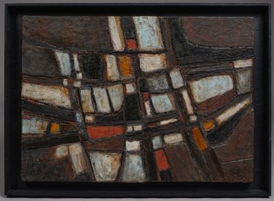 abstract painting of a cityscape in brown, blue, and orange