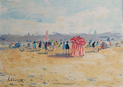 a painting of people on the beach with umbrellas
