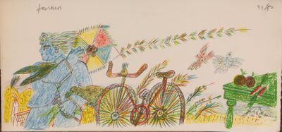 un dessin représentant une femme avec une ombrelle et un vélo