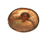 painting of a woman in a green dress in a round frame