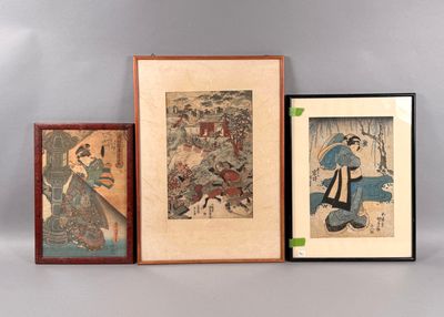 trois estampes japonaises encadrées représentant un homme et une femme