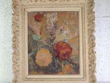 a painting of flowers in a vase on a table