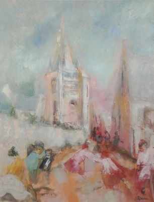 une peinture à l'huile représentant des personnes marchant dans une rue, un parapluie à la main