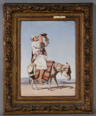 painting of a man and woman riding a horse on a beach