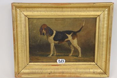 an oil painting of a dog in a gold frame on a wall