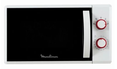 un micro-ondes blanc et noir avec des boutons rouges sur le dessus