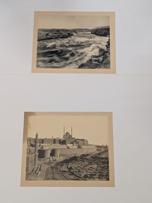 two old black and white photos of a beach and a lighthouse