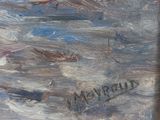an oil painting of a boat in a body of water with a sky in the background