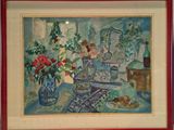 a picture of a painting of flowers in a vase on a table