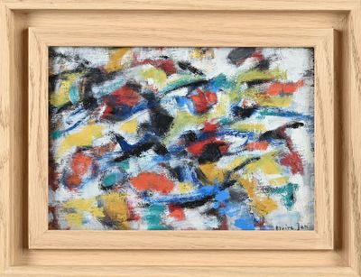 peinture abstraite dans un cadre en bois accrochée à un mur blanc
