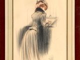 dessin représentant une femme assise à une table avec un livre