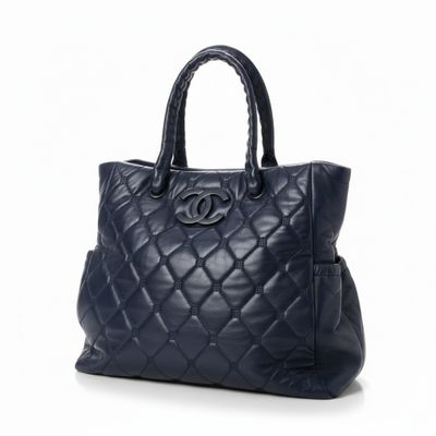 chanel navy blue quilted leather tote bag