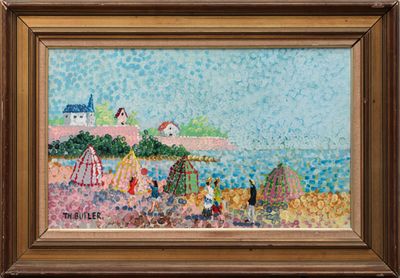 an oil painting of a beach scene with people on the beach